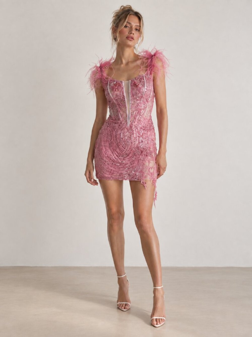 PORTIA AND SCARLETT PS23147 Pink Embellished Sequin Mini Dress Ostrich Feather